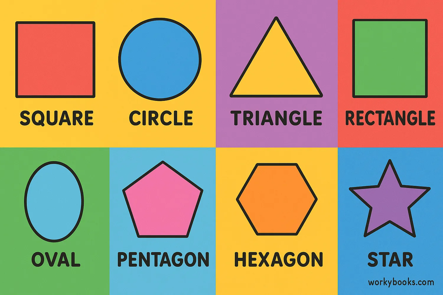 Colorful collage of common 2D shapes with names