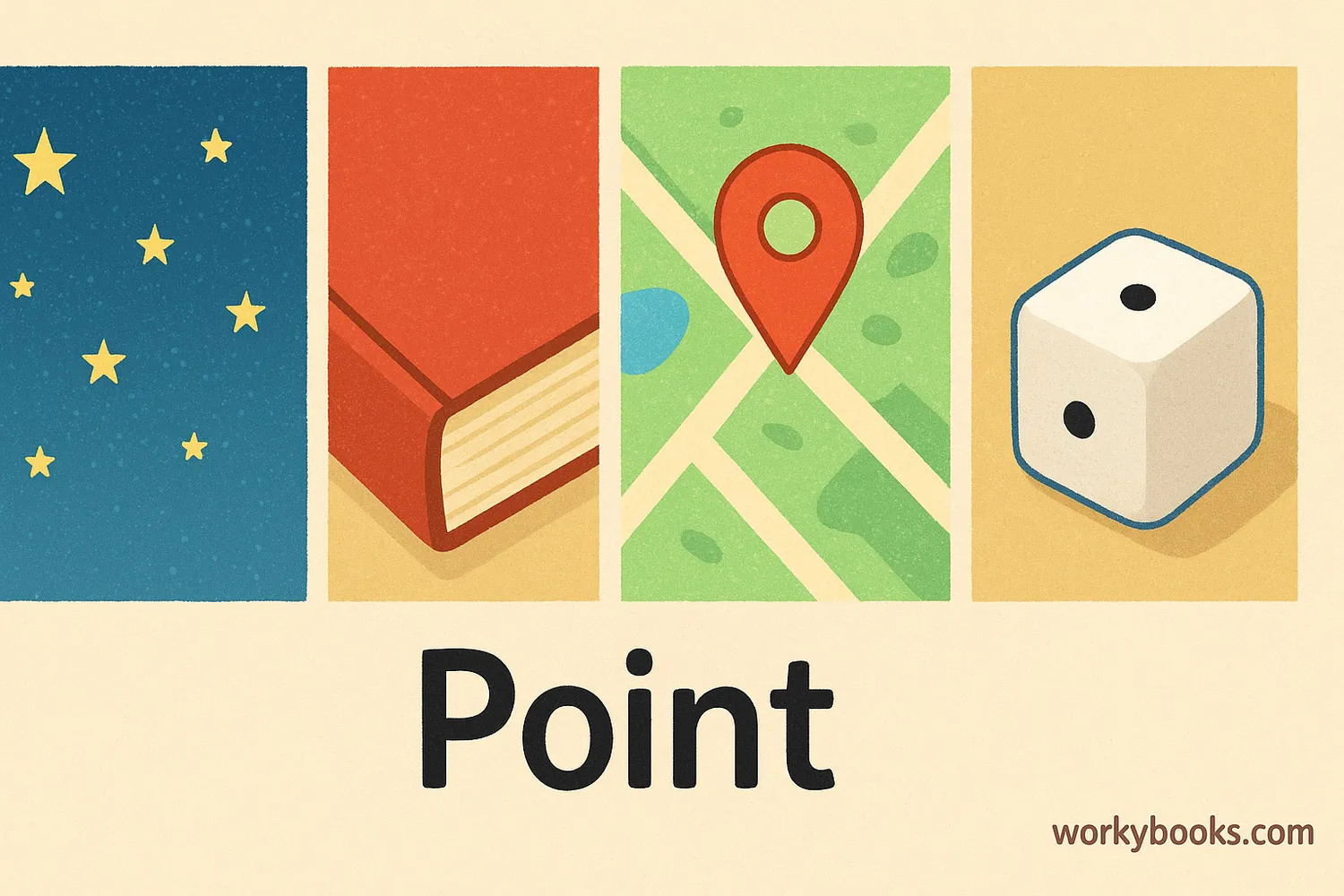 Real-world point examples: stars in sky, corner of book, location on map, dot on dice
