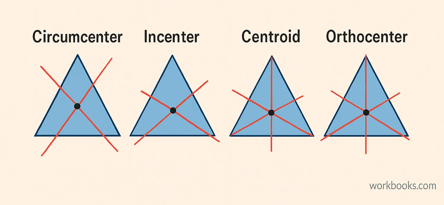 Diagram showing the four main types of concurrency points in a triangle