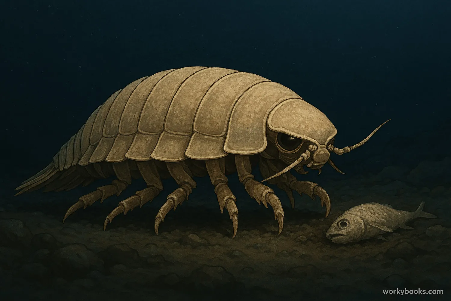 Giant isopod scavenges deep-sea floor near fish carcass, adapted to cold, high-pressure habitat.