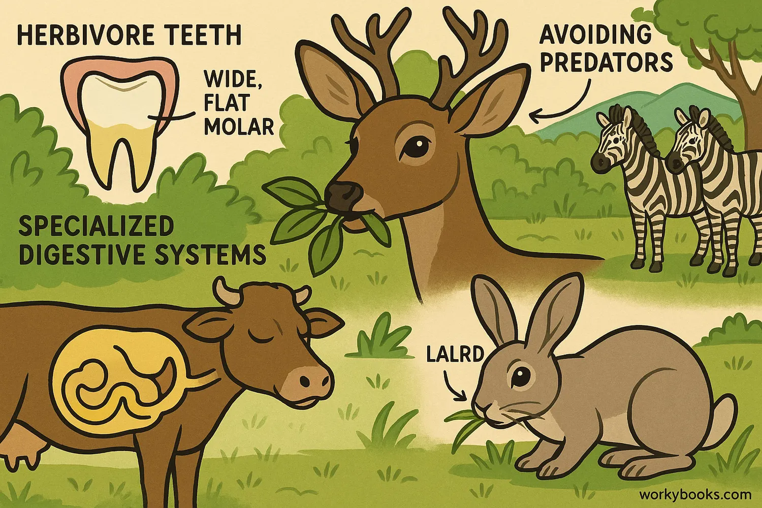 Herbivores with special teeth, digestion, and defense traits shown in a colorful nature scene.