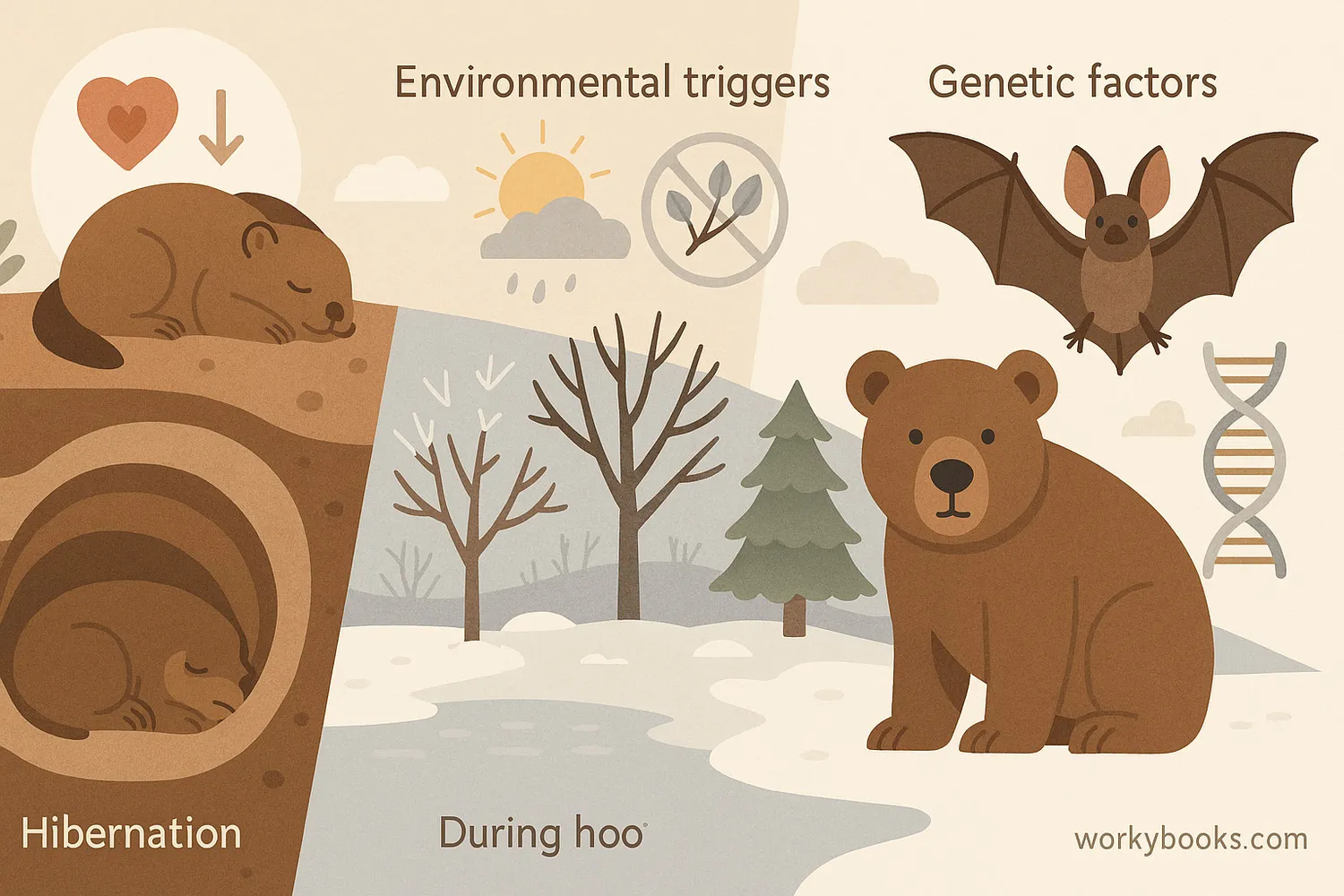 Animals hibernate in snowy habitats, conserving energy through slowed heartbeats and stored fat reserves.