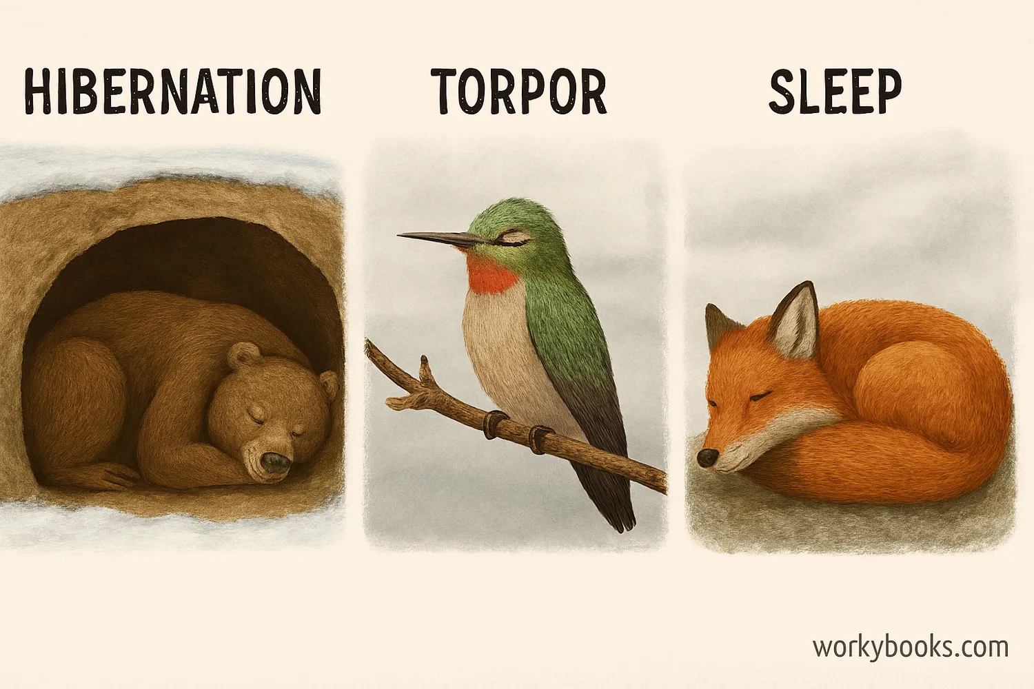 Bear, hummingbird, and fox showing hibernation, torpor, and sleep in winter survival strategies.