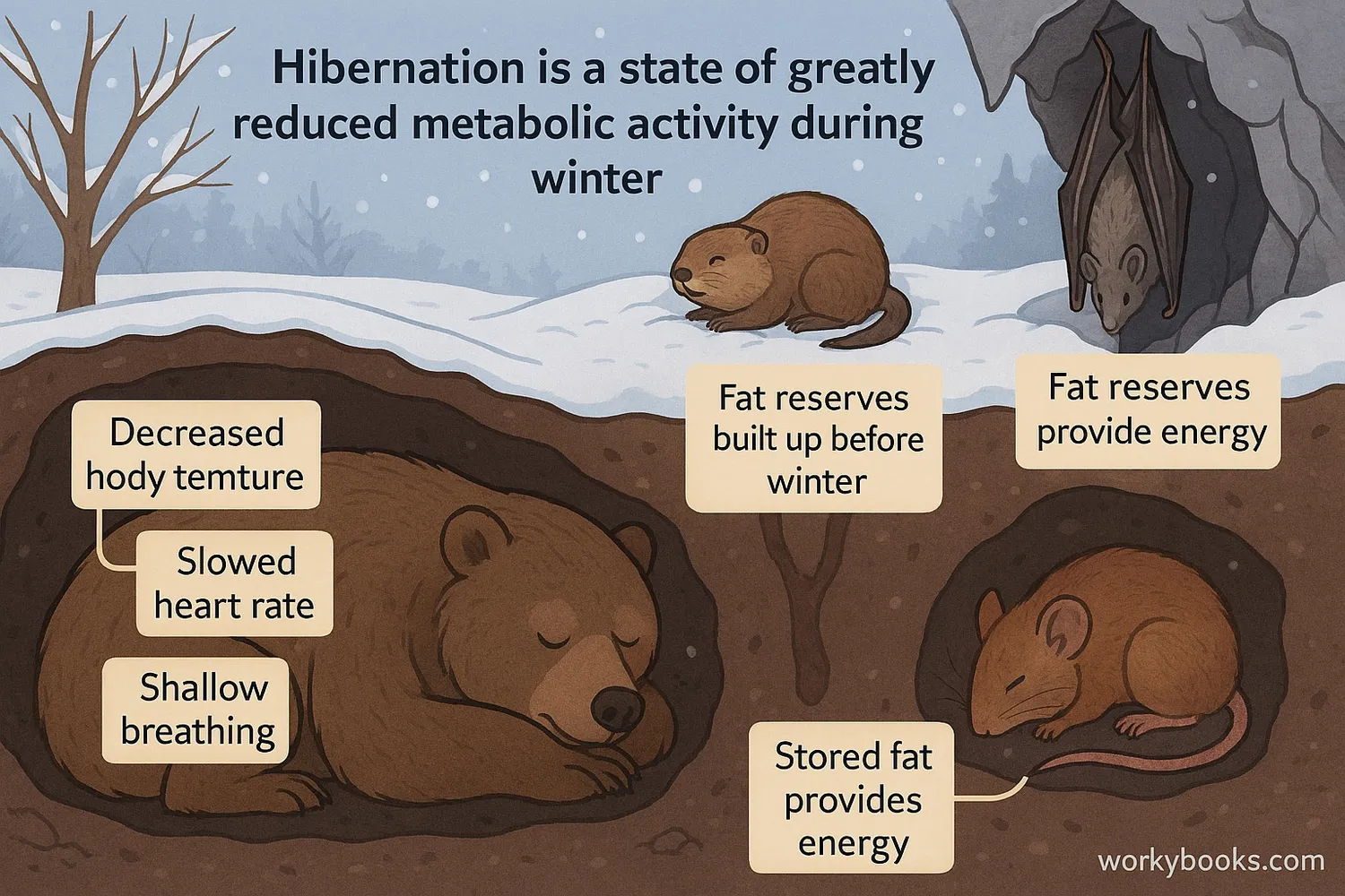 Animals hibernate in snowy habitats, conserving energy with slowed metabolism and stored fat.