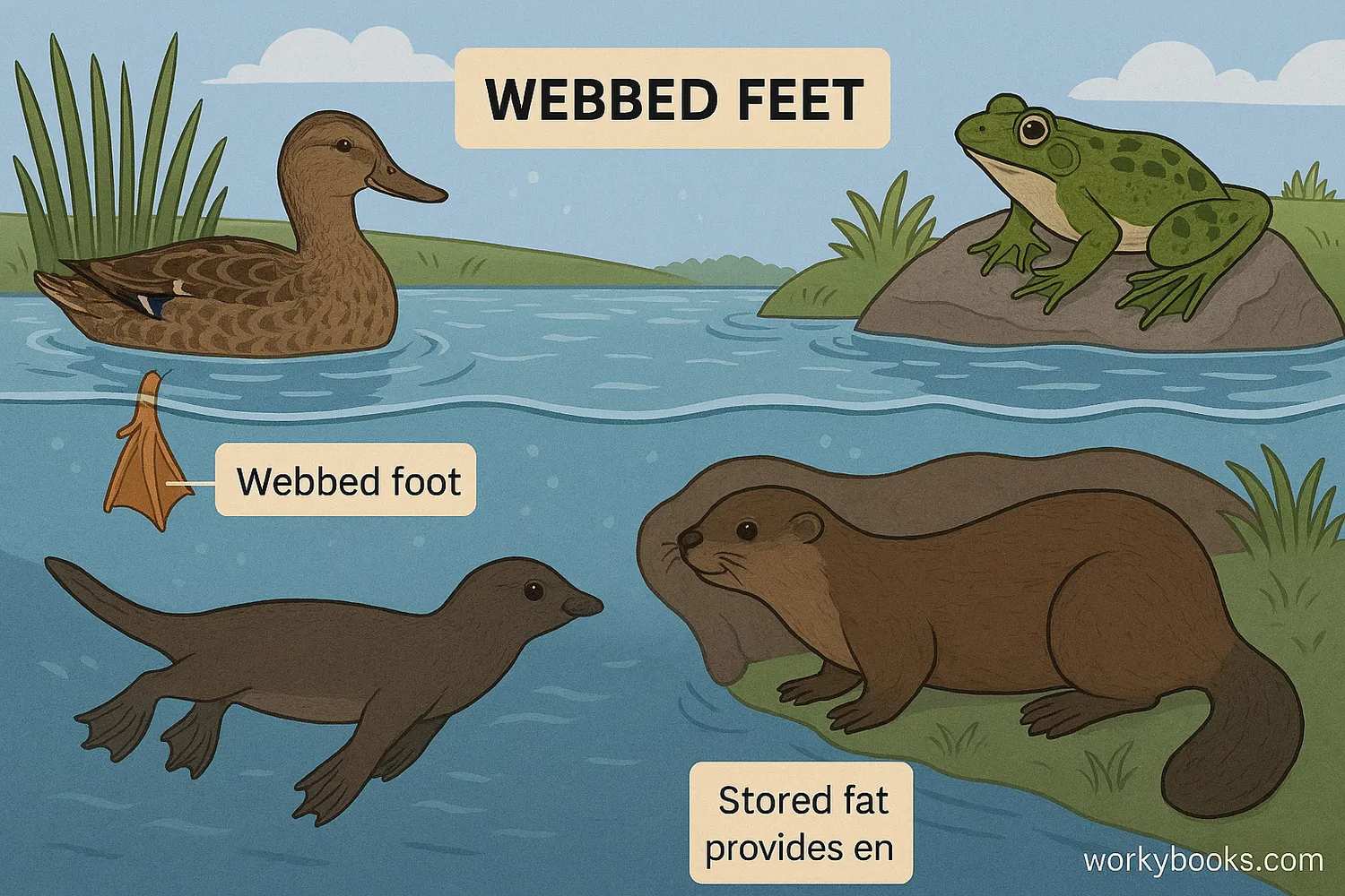 Animals use webbed feet to swim efficiently, escape predators, and catch food in water. 📝 Caption: Webbed feet help ducks, otters, frogs, and beavers thrive in aquatic environments.