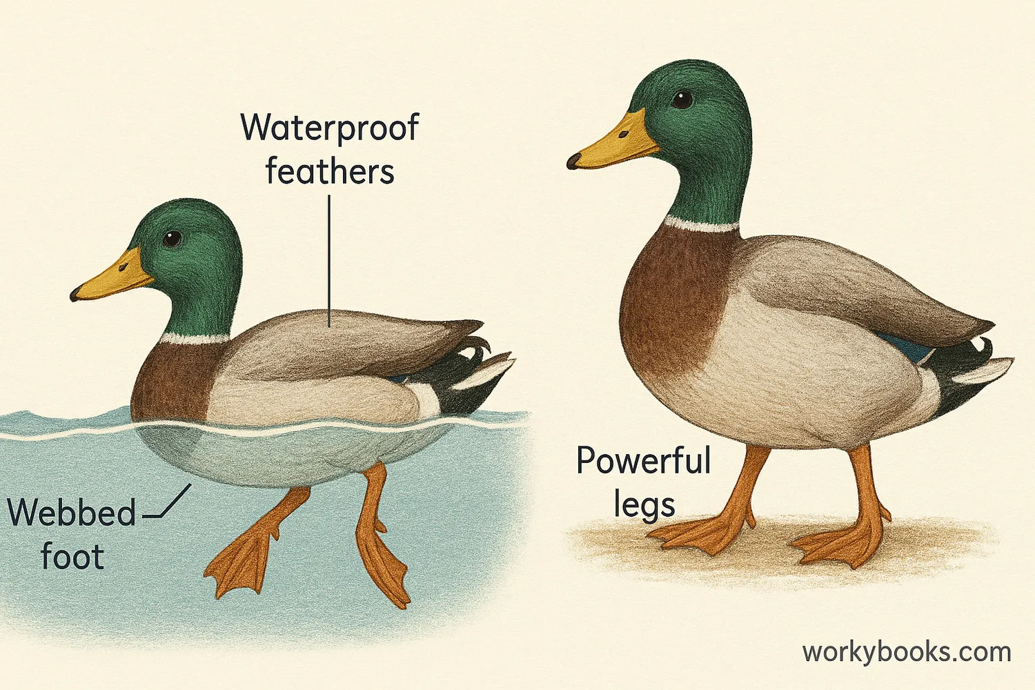 Duck showing webbed feet, waterproof feathers, and powerful legs for swimming and walking.