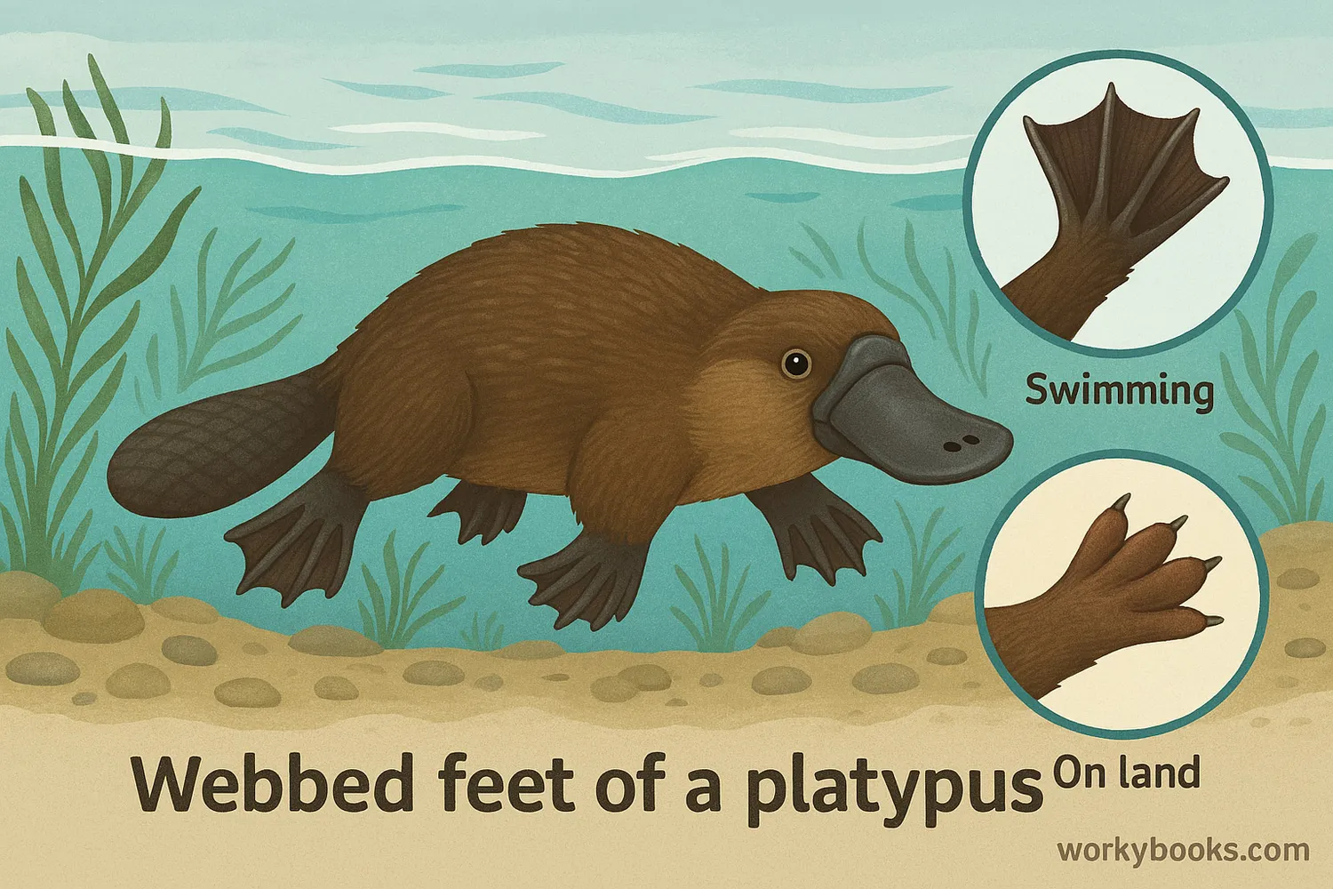 Platypus swimming, foraging, and walking with webbed feet shown in water and on land.