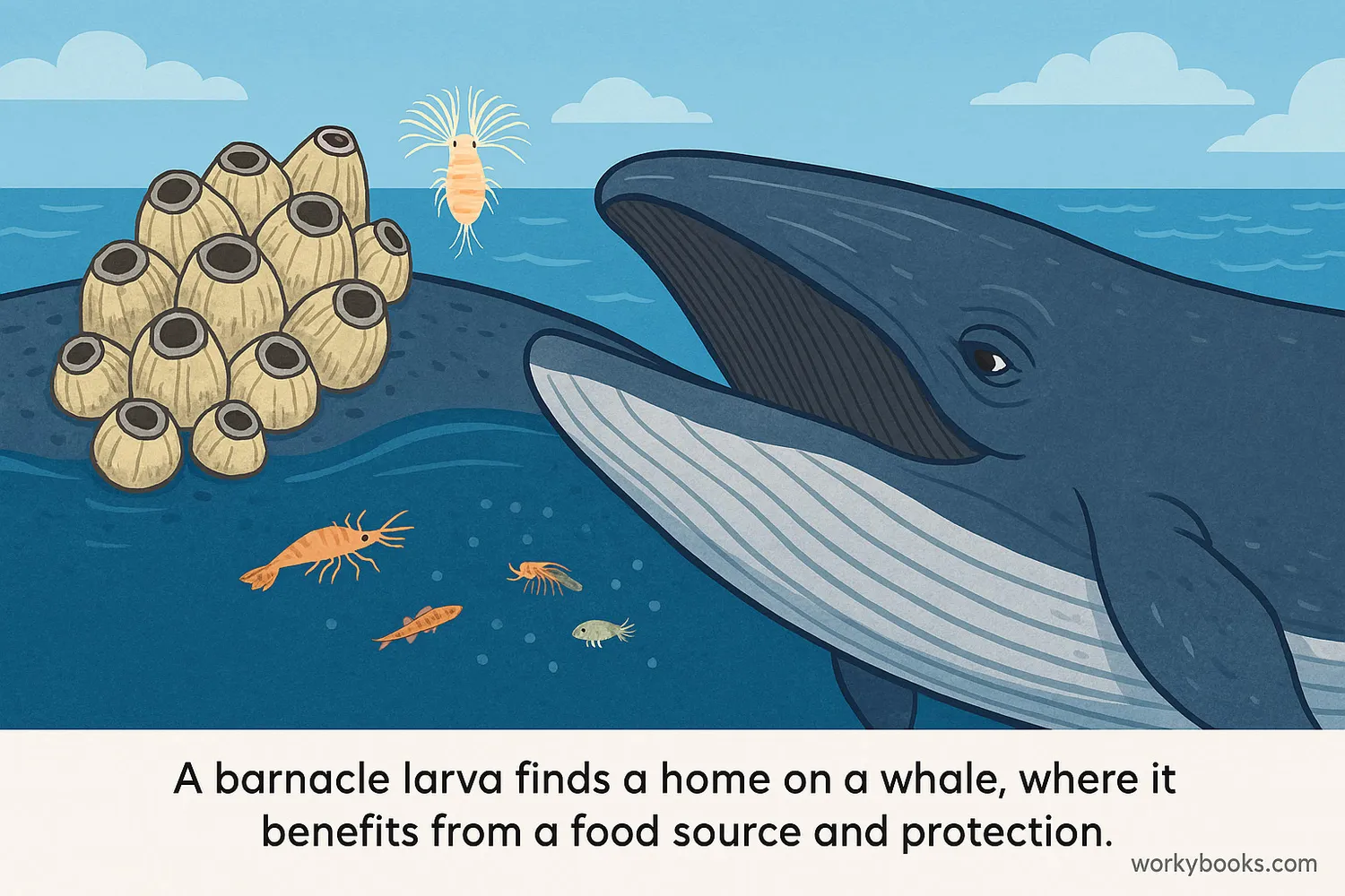 Barnacles ride a whale through ocean waters, catching food and avoiding predators.