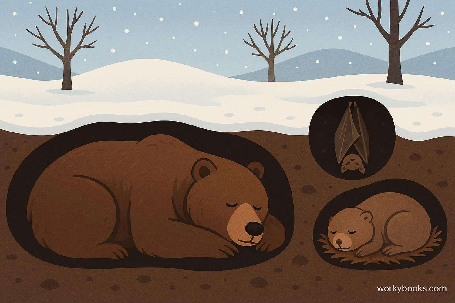 Bear, bat, and groundhog hibernating in winter dens with snow and food scarcity above.