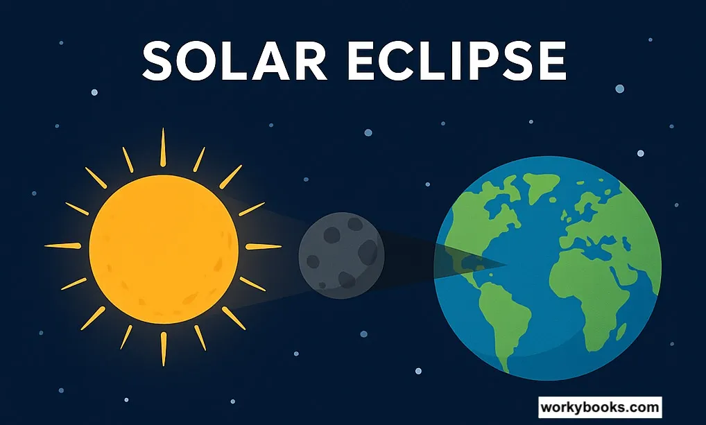 Diagram showing Sun, Moon, and Earth alignment during solar eclipse.