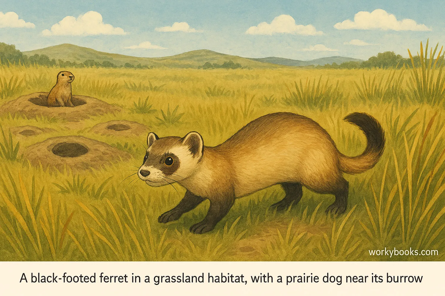 Black-footed ferret hunts near prairie dog burrow in a grassy, biodiverse ecosystem.