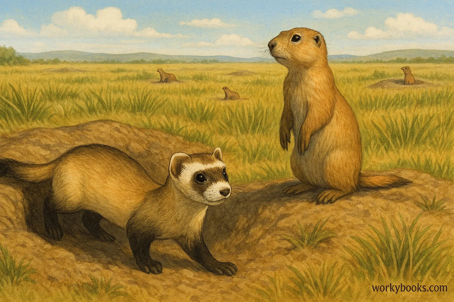 Black-footed ferret and prairie dog in shared grassland habitat with burrows and conservation scene.