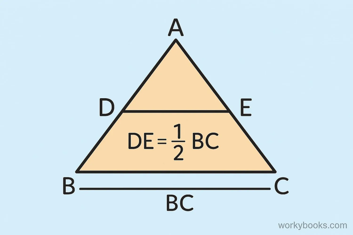 Diagram showing triangle with midsegment DE parallel to side BC, with measurements indicating DE is half the length of BC