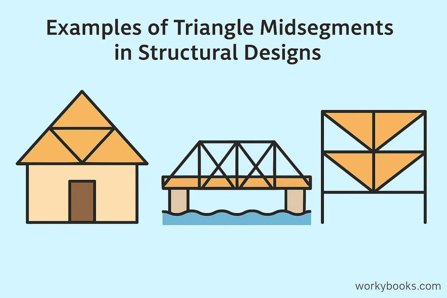Examples of triangle midsegments in roof trusses, bridges, and other structures