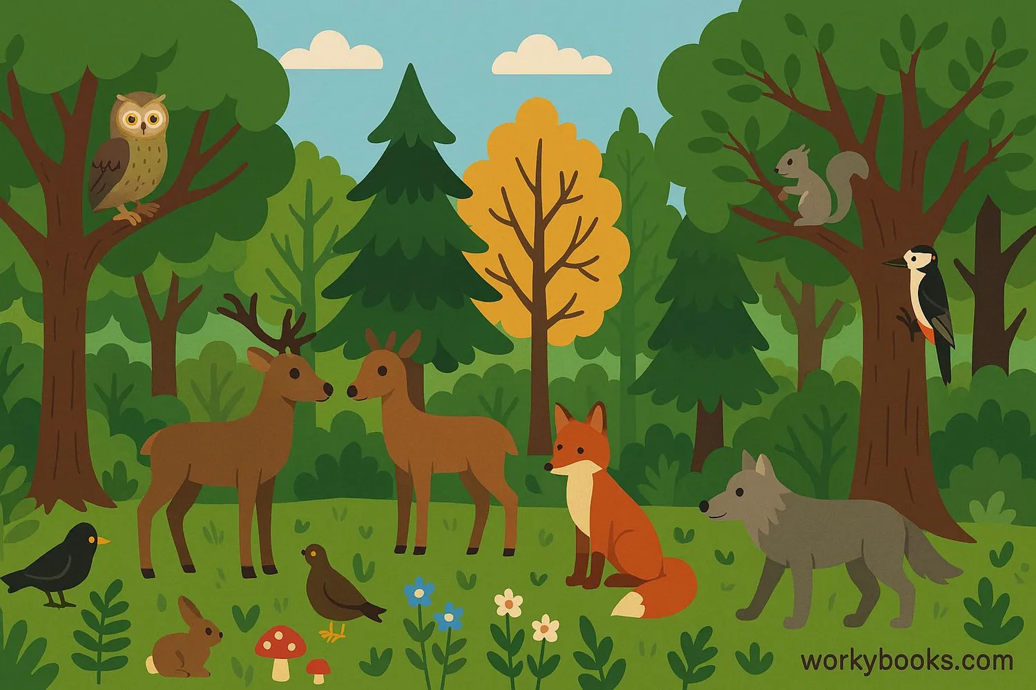 image showing a mature, diverse forest with different tree species, animals, and plants living together in balance