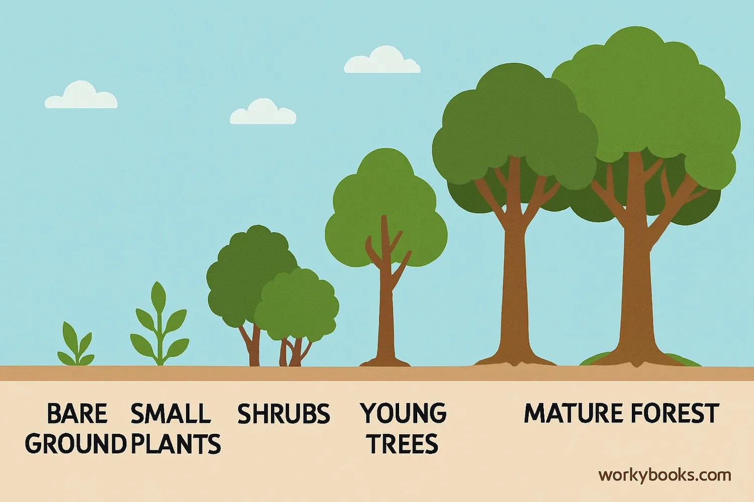 diagram showing the progression from bare ground to small plants, to shrubs, to young trees, and finally to a mature forest.