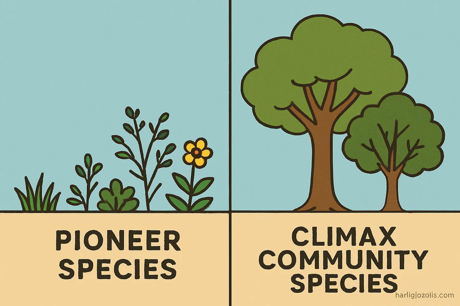 image showing pioneer species on one side and climax community species on the other.