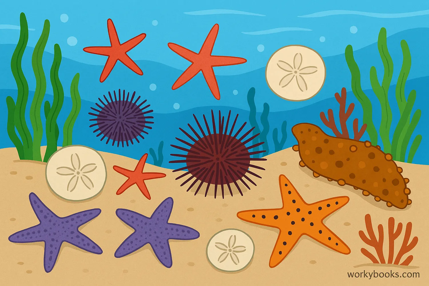 Various echinoderm species in their ocean habitat