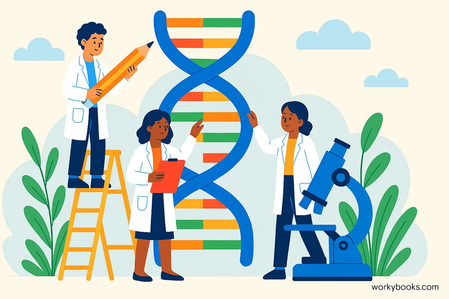 Visual representation of DNA structure with scientists working on it