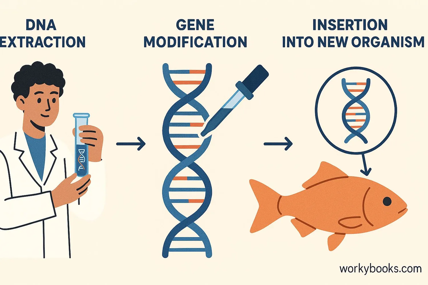 Diagram showing the process of genetic engineering: DNA extraction, modification, and insertion