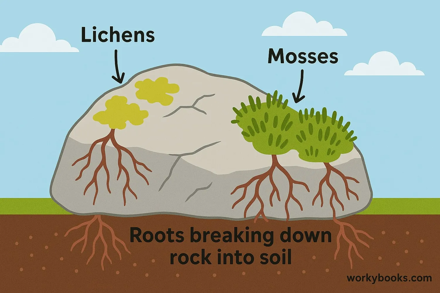 Visual representation of pioneer species growing on bare rock