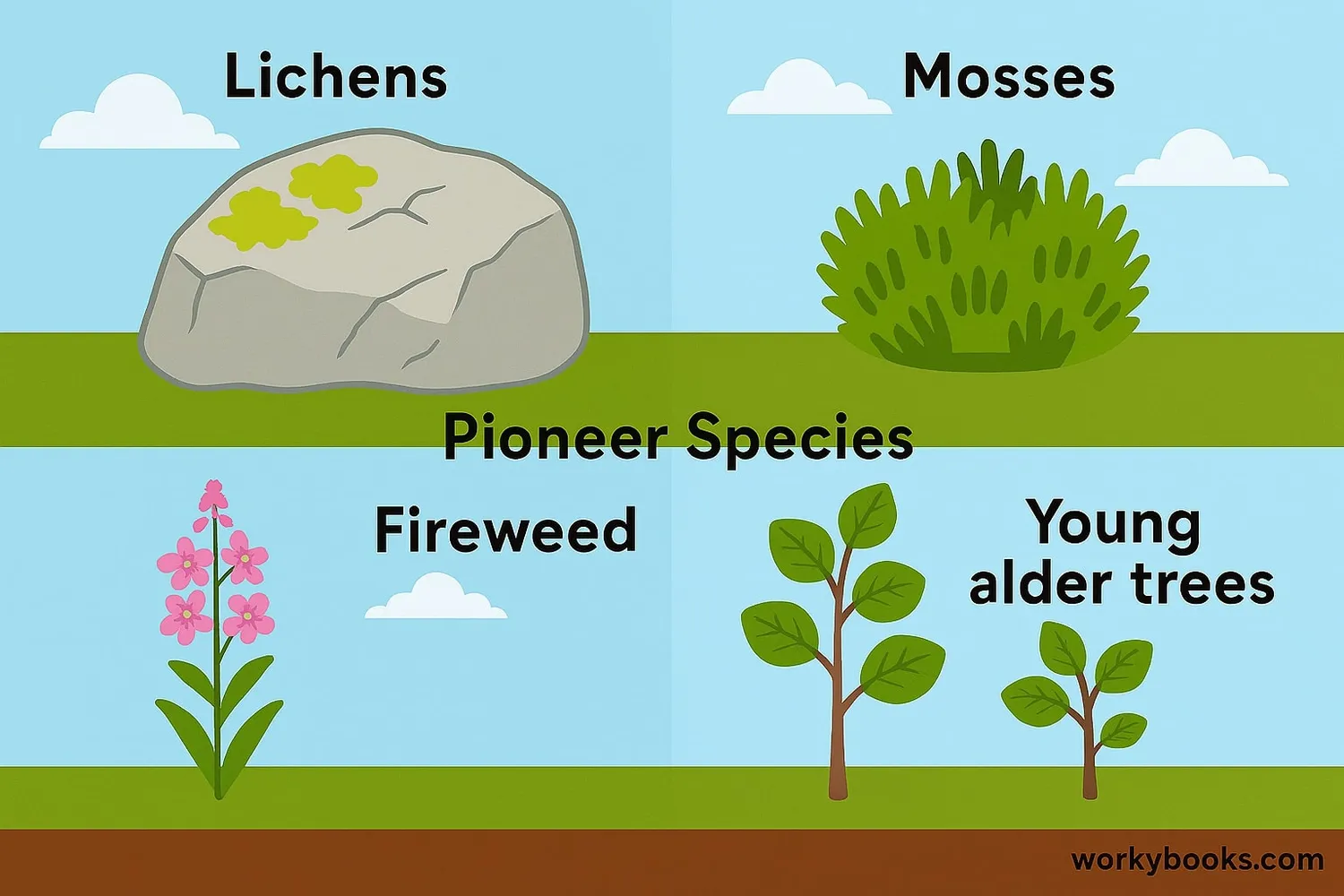 Collage showing different pioneer species: lichens, mosses, fireweed, and alder trees
