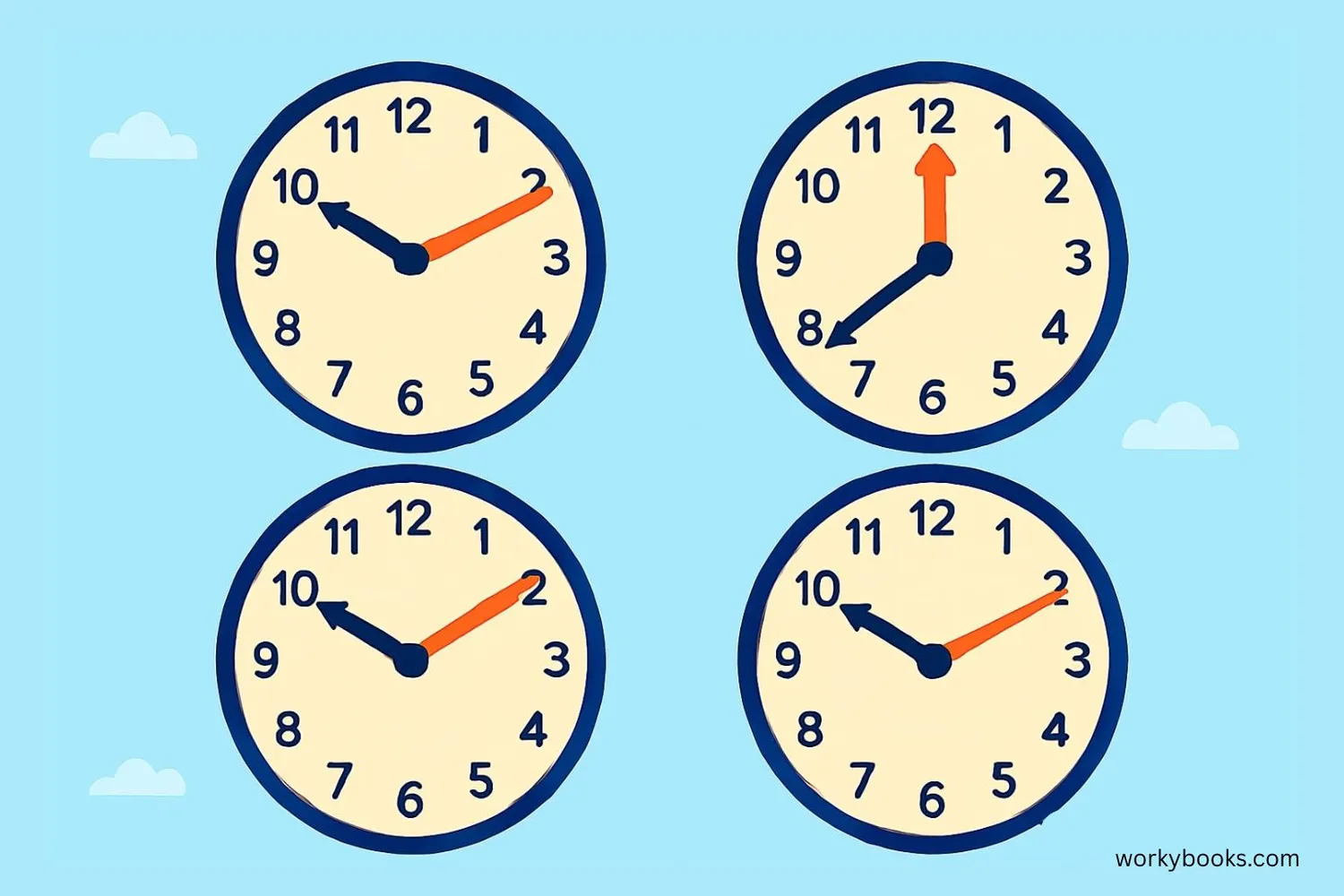 Three clock examples showing 3:00, 3:15, and 3:45 with minute hand in different positions