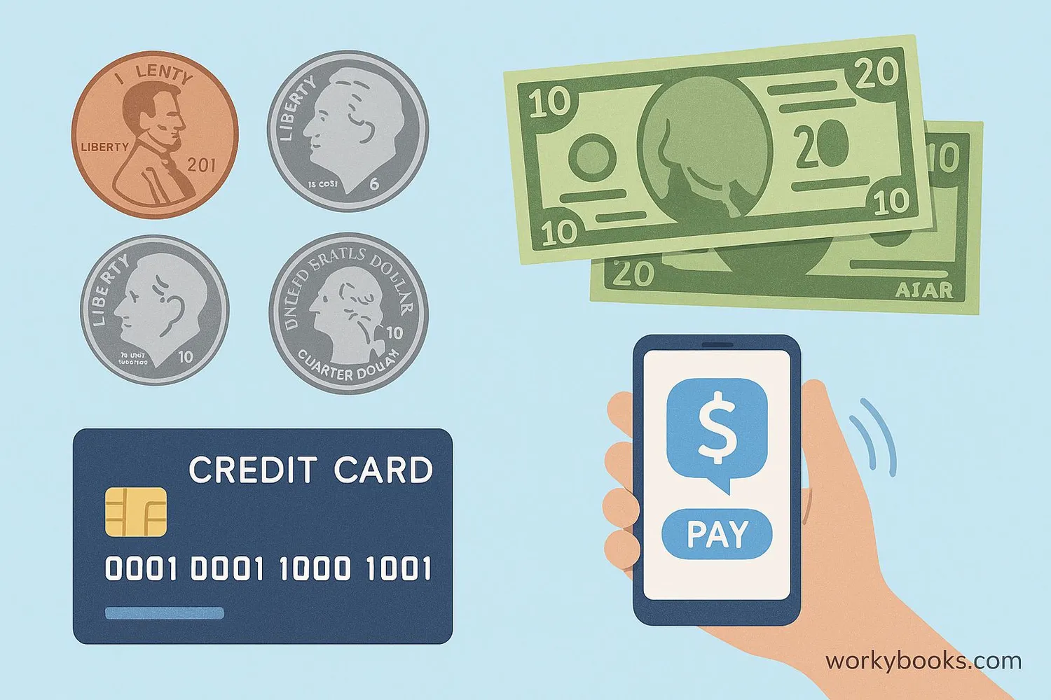 Visual showing different types of money