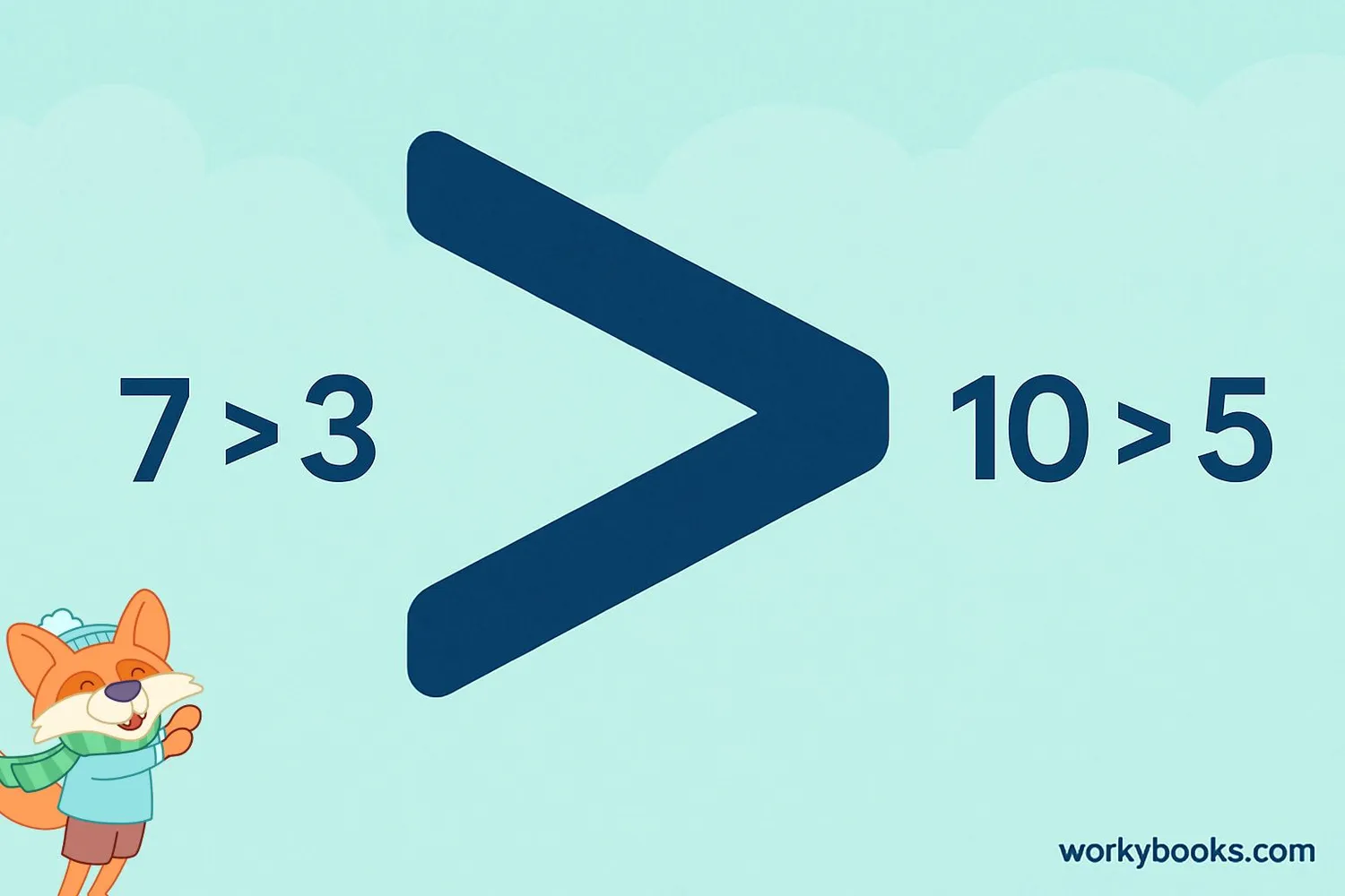 Large greater than symbol (>) with examples showing how to use it correctly