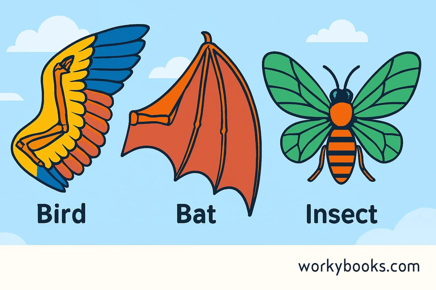 Visual representation of analogous structures: wings of birds, bats, and insects with similar shapes but different internal structures