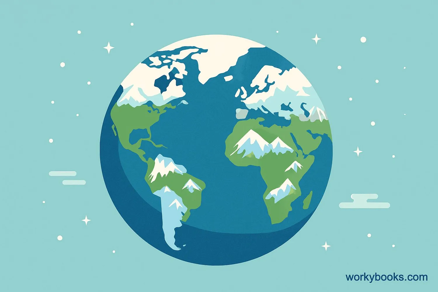 Visual representation of Earth showing frozen regions at poles and mountains