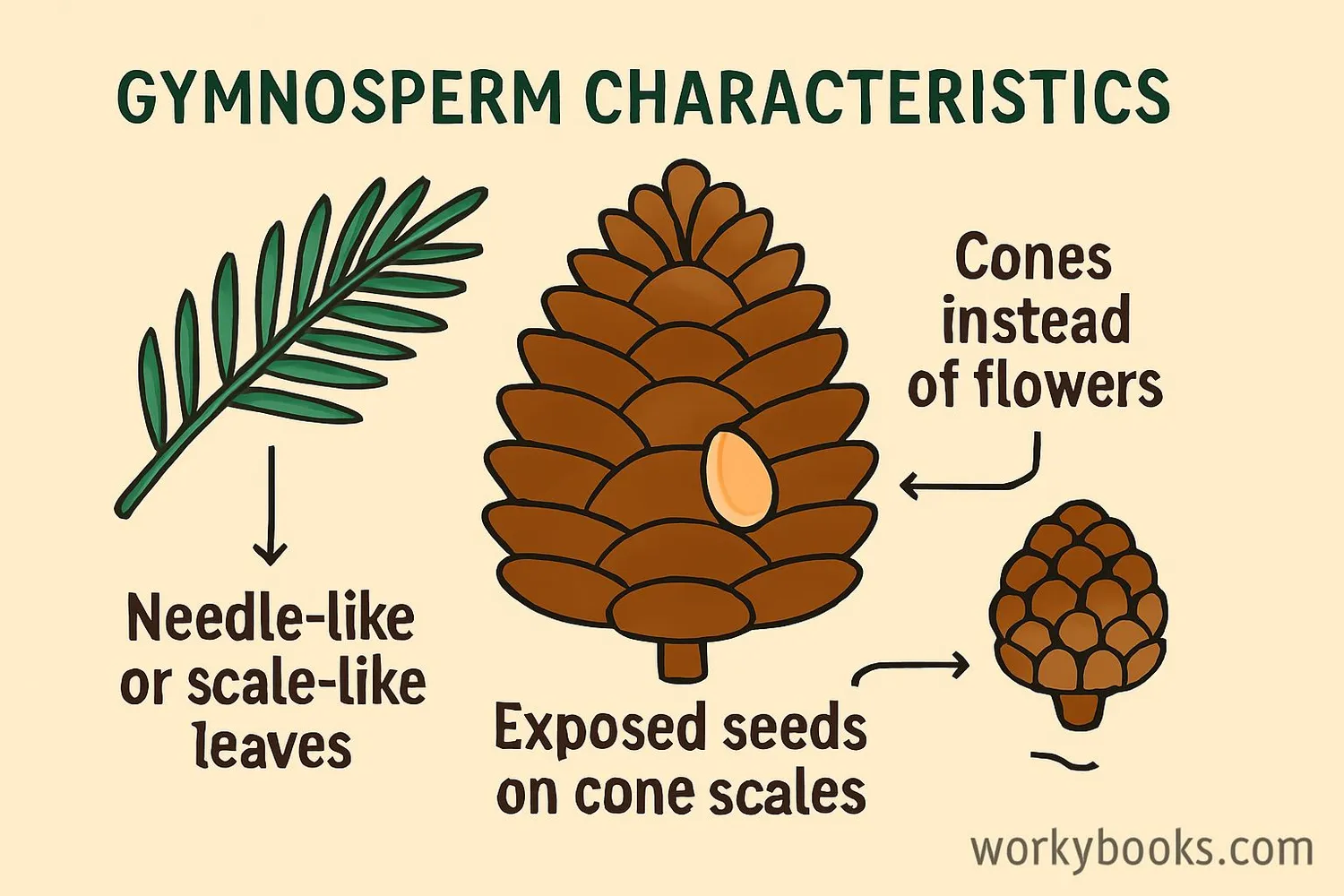 Diagram showing gymnosperm characteristics: cones instead of flowers, needle-like leaves, exposed seeds