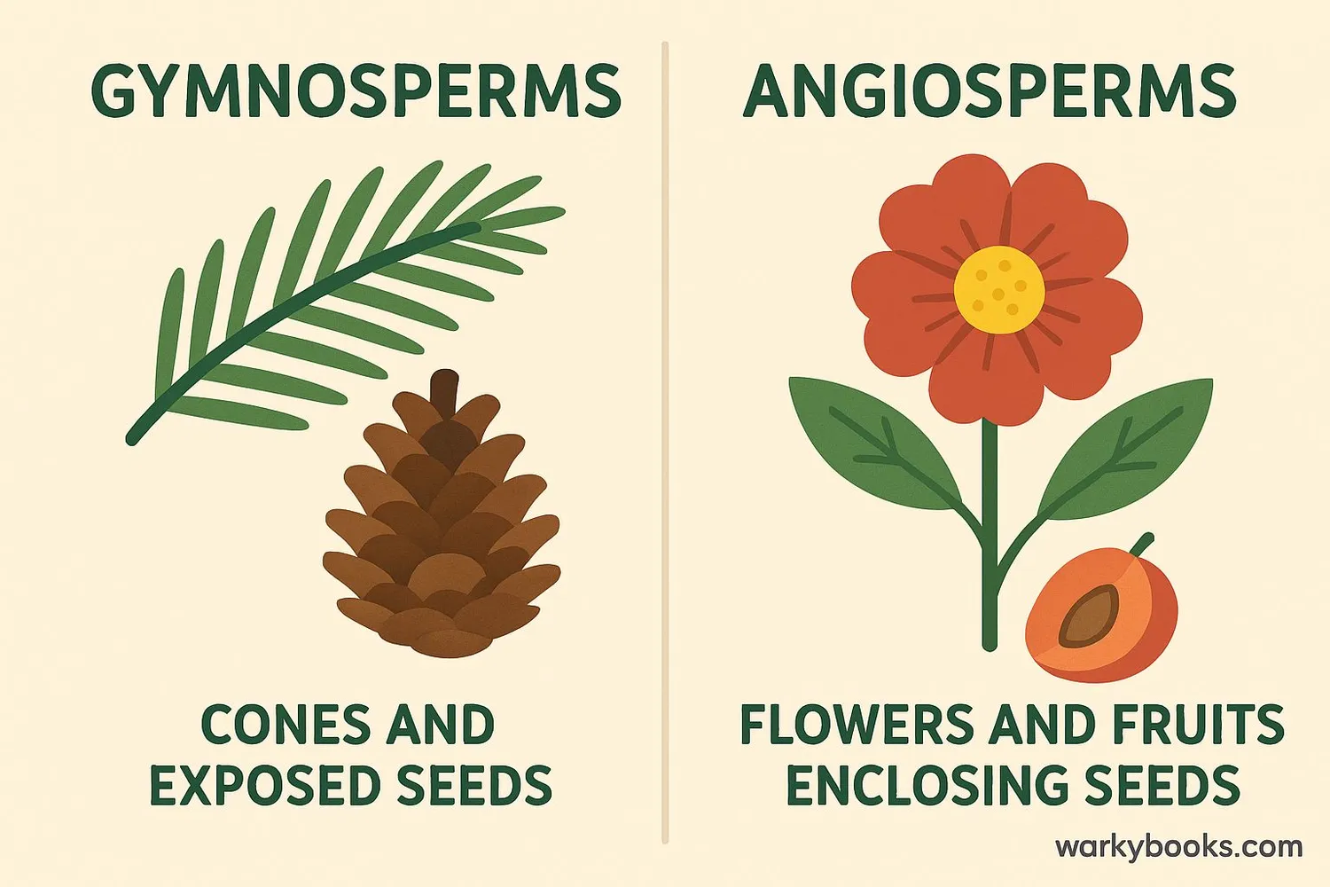 Comparison diagram showing gymnosperms with cones and exposed seeds versus angiosperms with flowers and enclosed seeds
