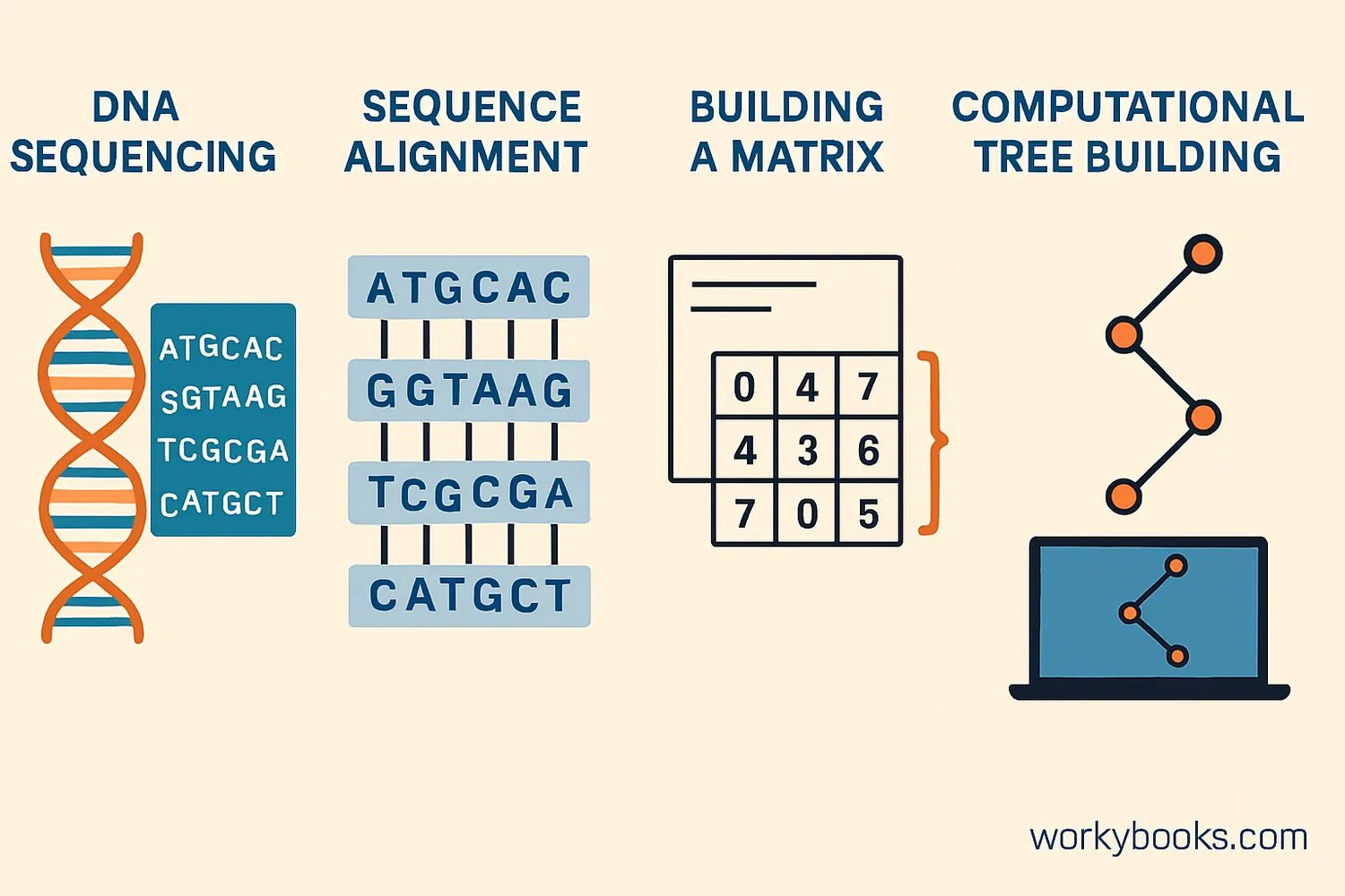Step-by-step process of building a phylogenetic tree from DNA sequence data