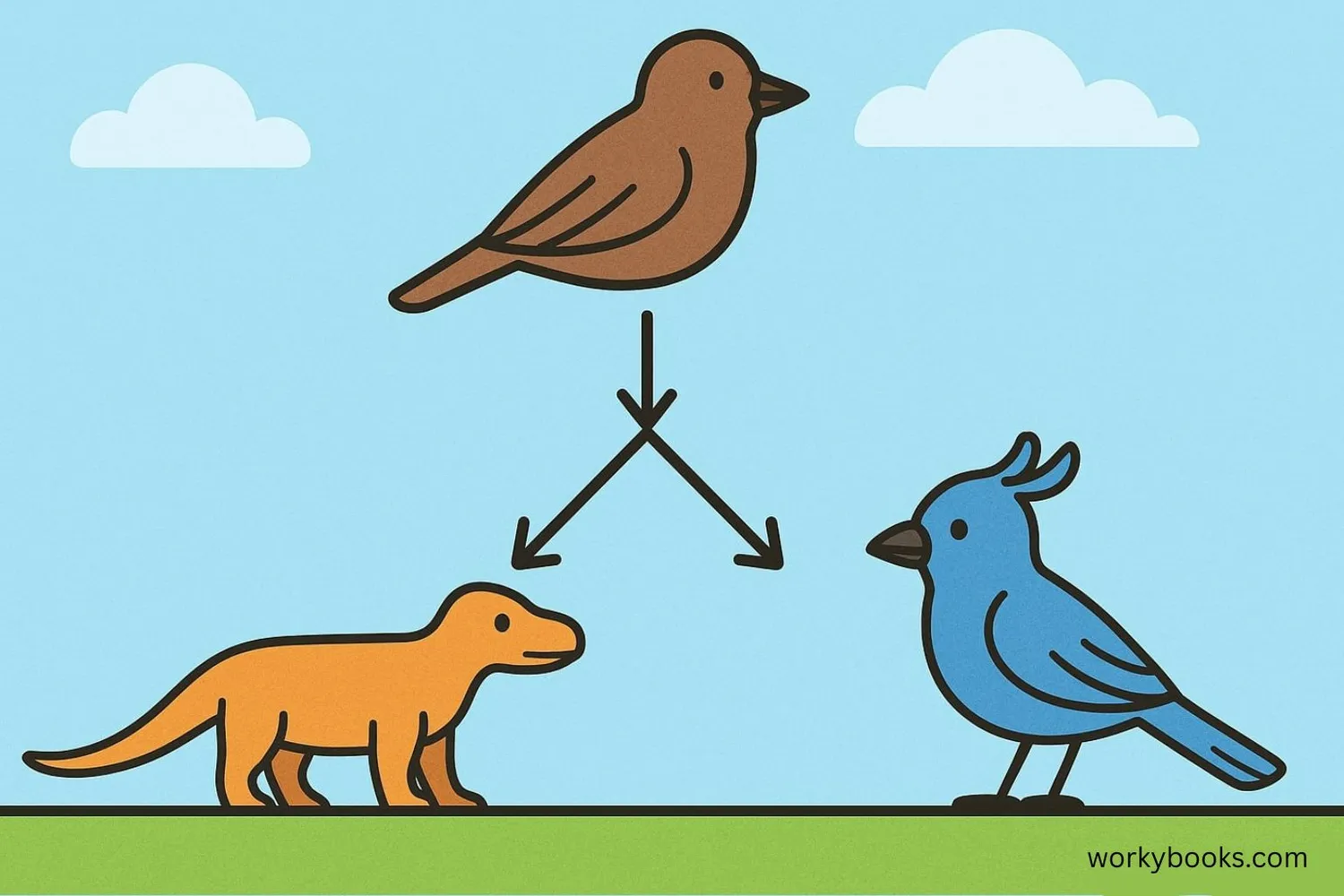 Visual representation of speciation showing one species diverging into two distinct species