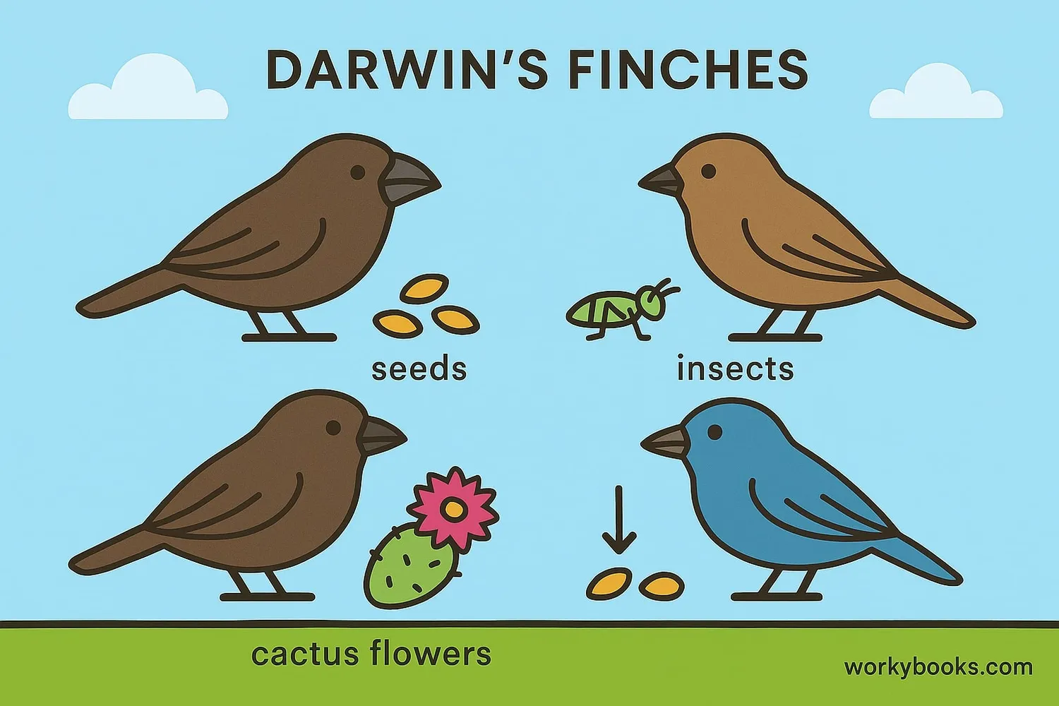 Illustration showing Darwin's finches with different beak shapes adapted to different food sources