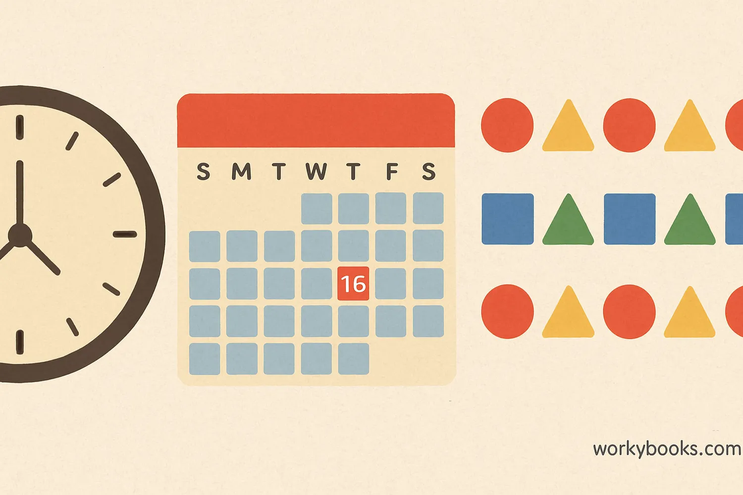 Collage showing different examples of periods: clock, calendar, repeating patterns