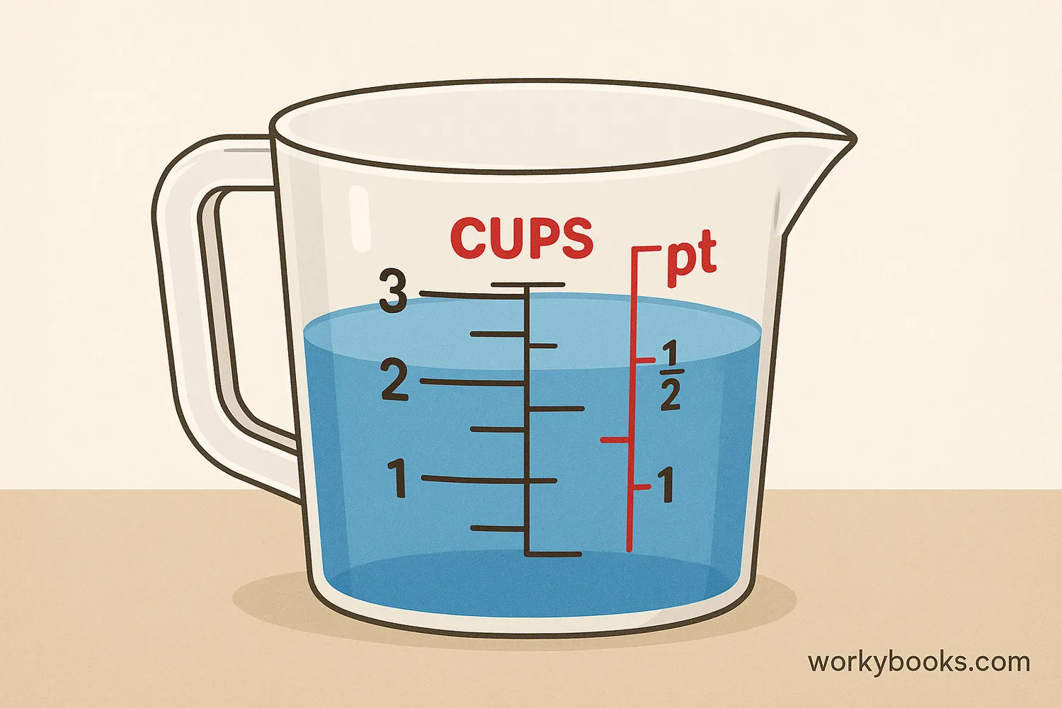 Clear measuring cup filled with blue liquid up to the 1-pint line