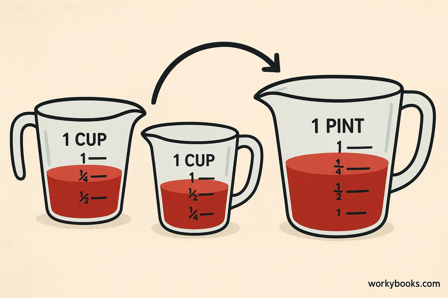 Two 1-cup measures pouring into a 1-pint measure showing equivalence