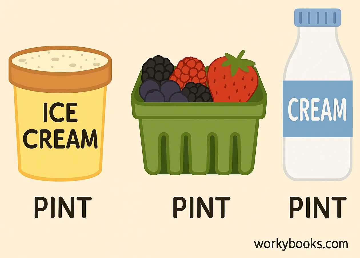 Collage of common pint-sized containers: a pint of ice cream, a pint of berries, and a pint of cream