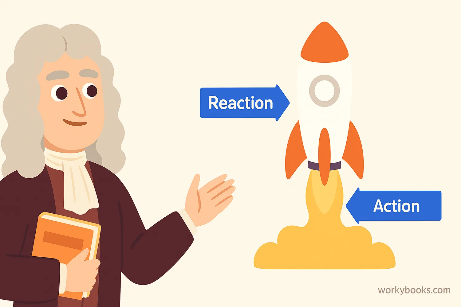 Isaac Newton with a diagram showing action-reaction forces