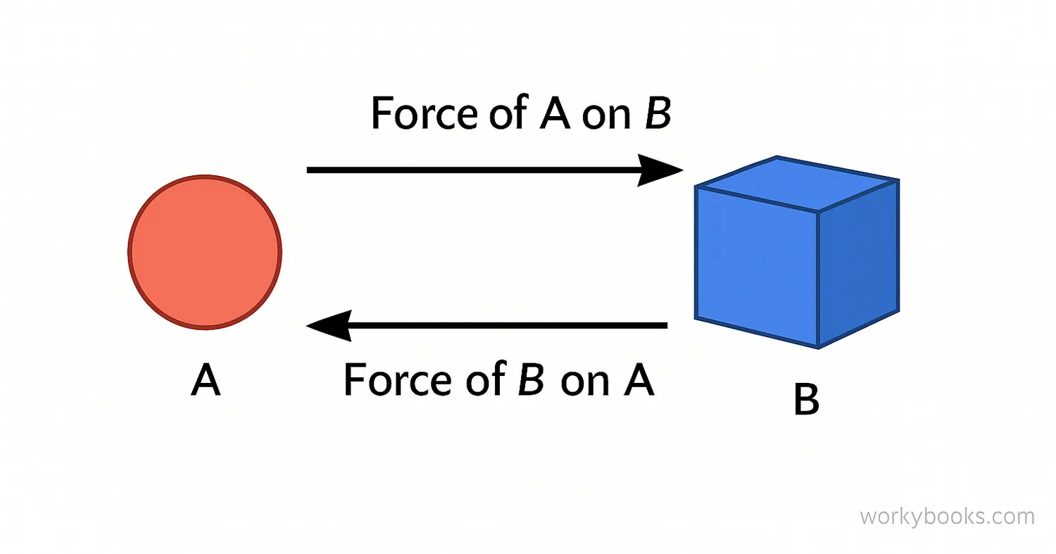 Diagram showing action and reaction forces with arrows of equal length but opposite direction