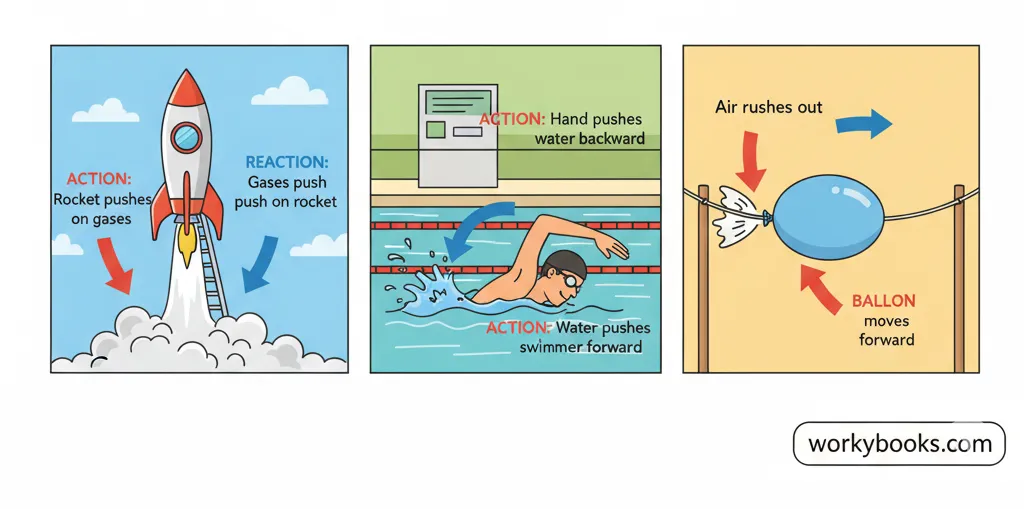 Collage showing rocket launch, swimming, and balloon examples of action-reaction forces