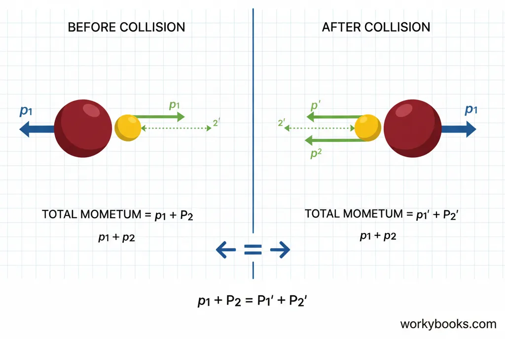 Diagram showing conservation of momentum in a collision between two objects