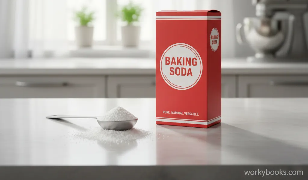 Box of baking soda with some powder spilled on a surface, showing its white crystalline texture