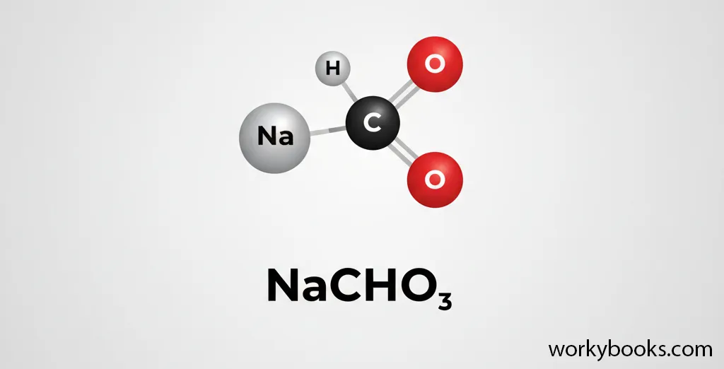 Molecular structure of sodium bicarbonate (NaHCO3) showing sodium, hydrogen, carbon, and oxygen atoms connected