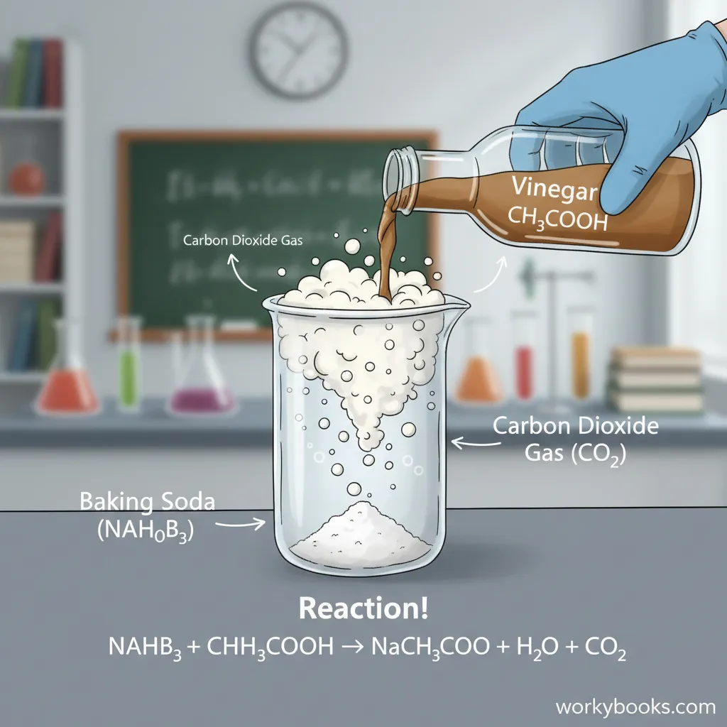 Baking soda reacting with vinegar in a glass, creating bubbles and fizz