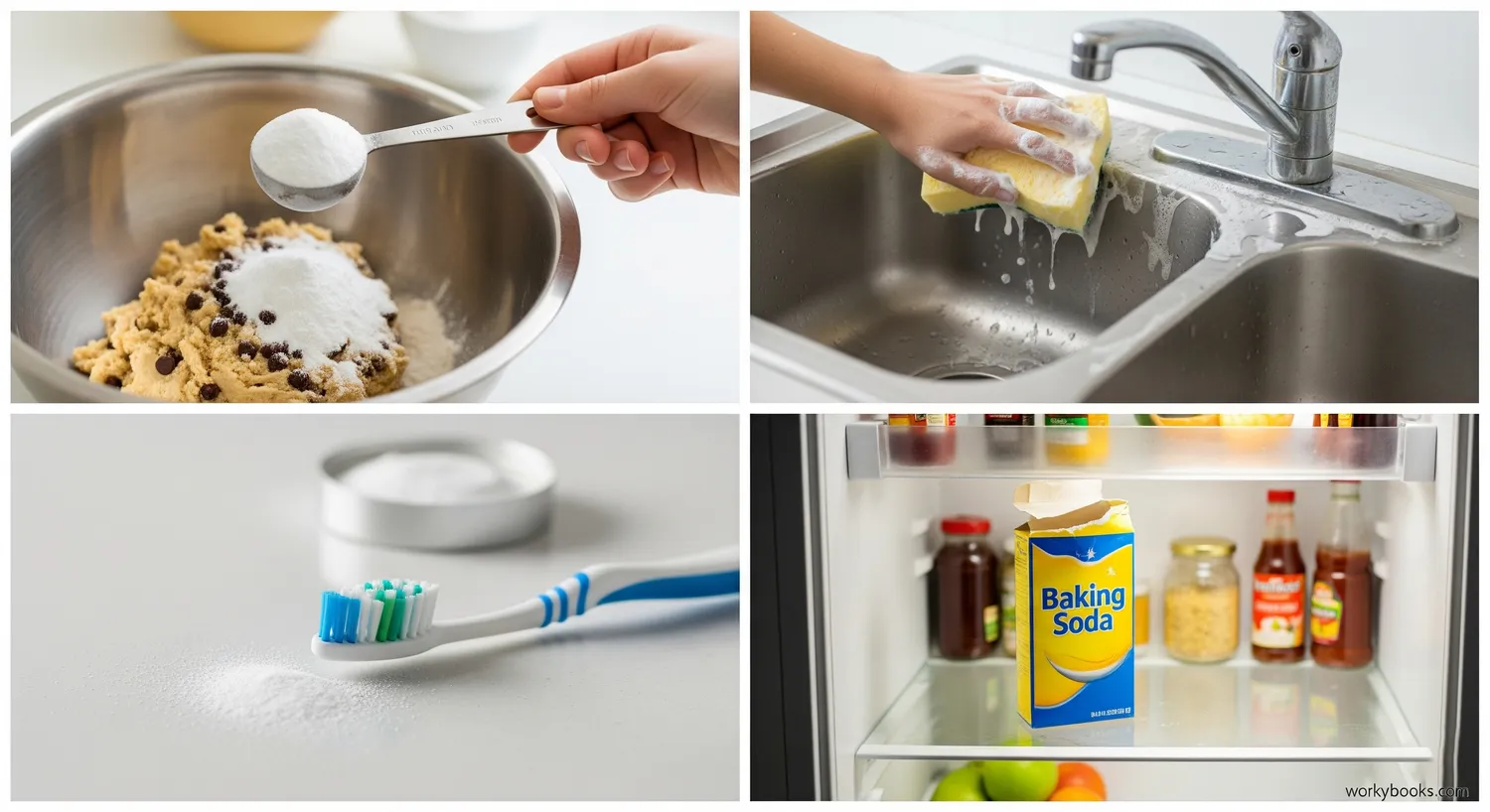 Collage showing different uses of baking soda: in baking, cleaning, personal care, and as a deodorizer