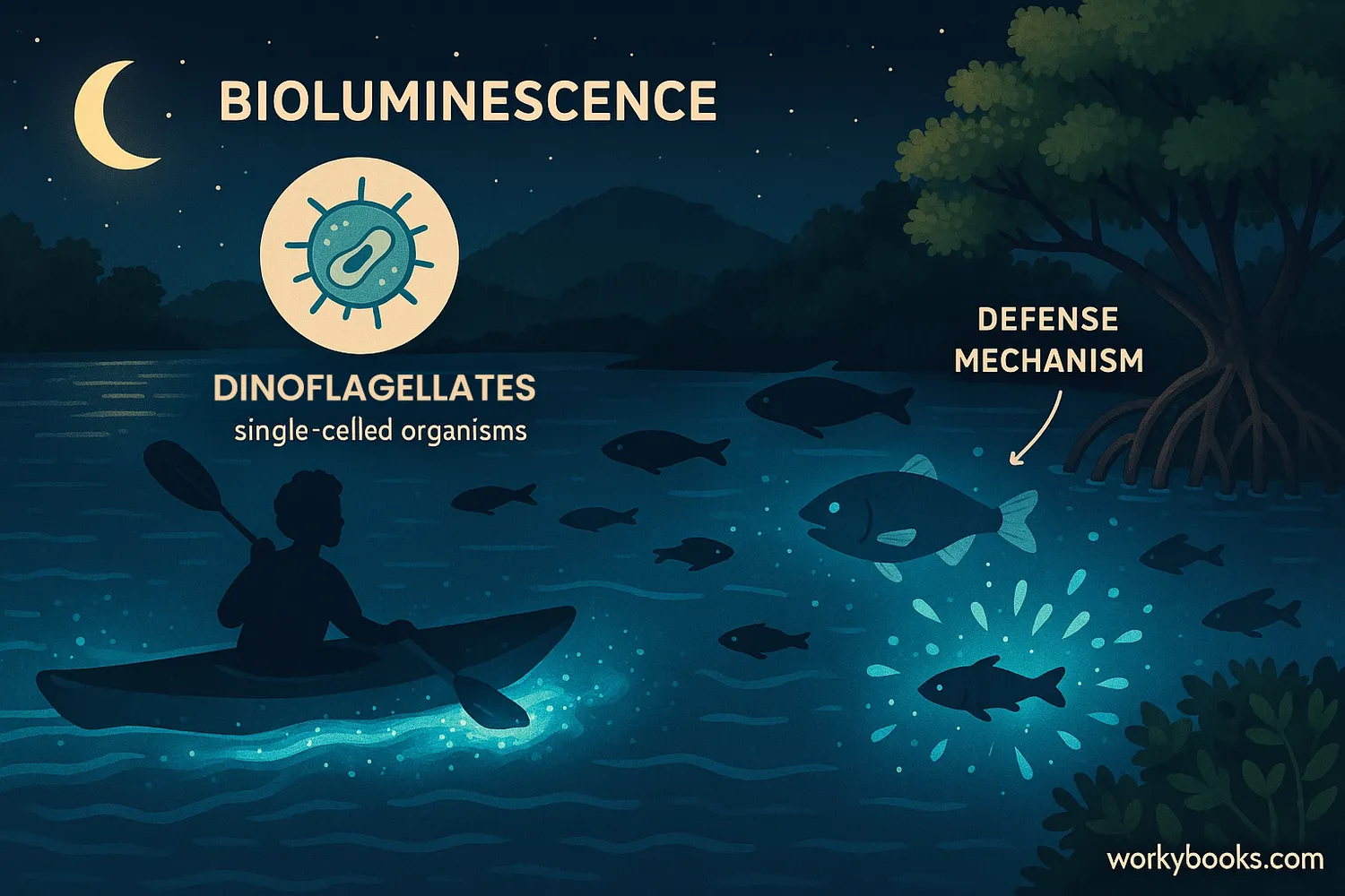 Kayaker disturbs glowing water as dinoflagellates light up near mangroves and fish. Image caption: Bioluminescent bay ecosystem showing glowing dinoflagellates, mangroves, and predator-prey energy flow.