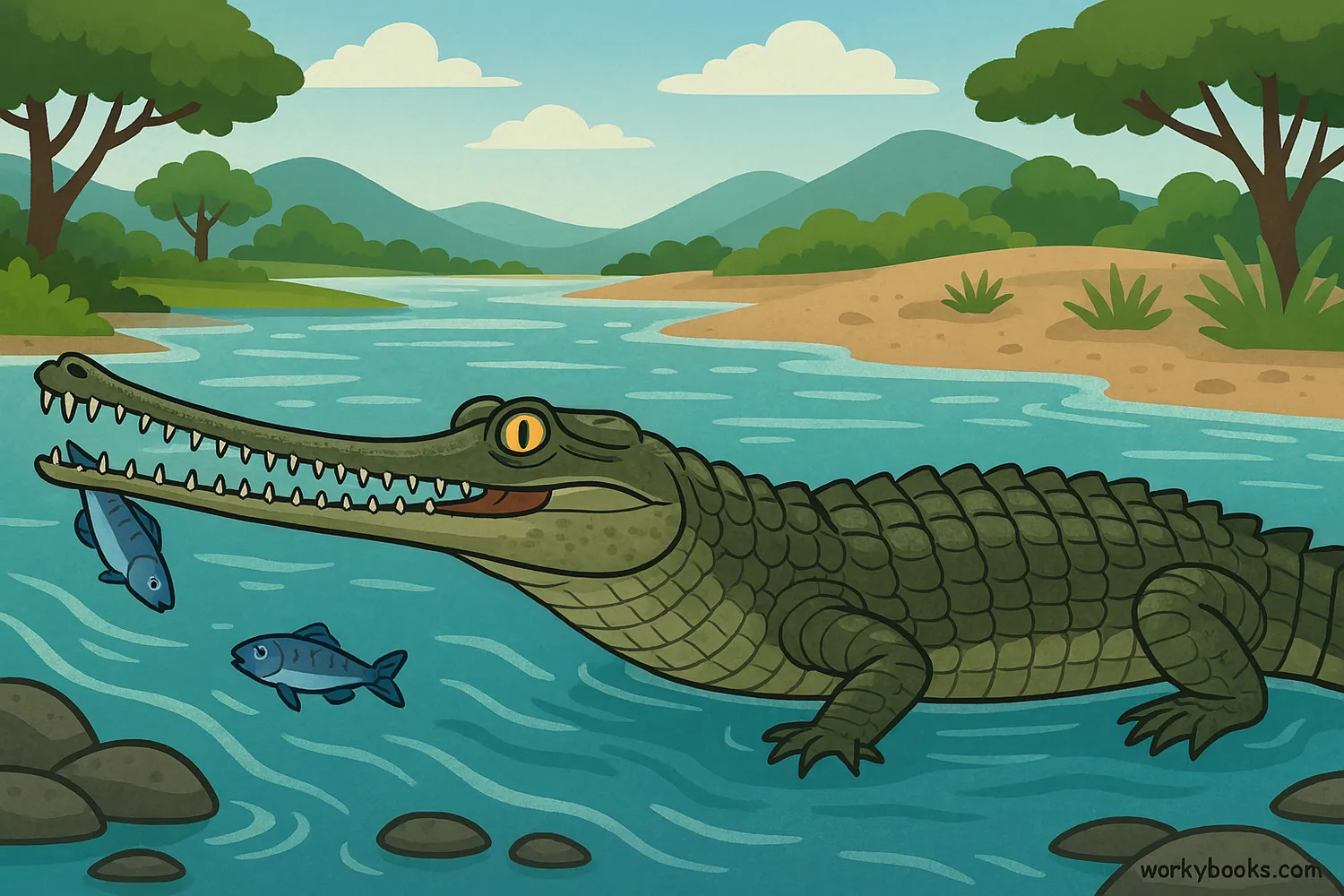 Gharial snatches fish in a South Asian river, surrounded by nesting banks and lush trees. 📝 Image Caption: Gharial in river habitat, showing fish diet, nesting banks, and conservation efforts.